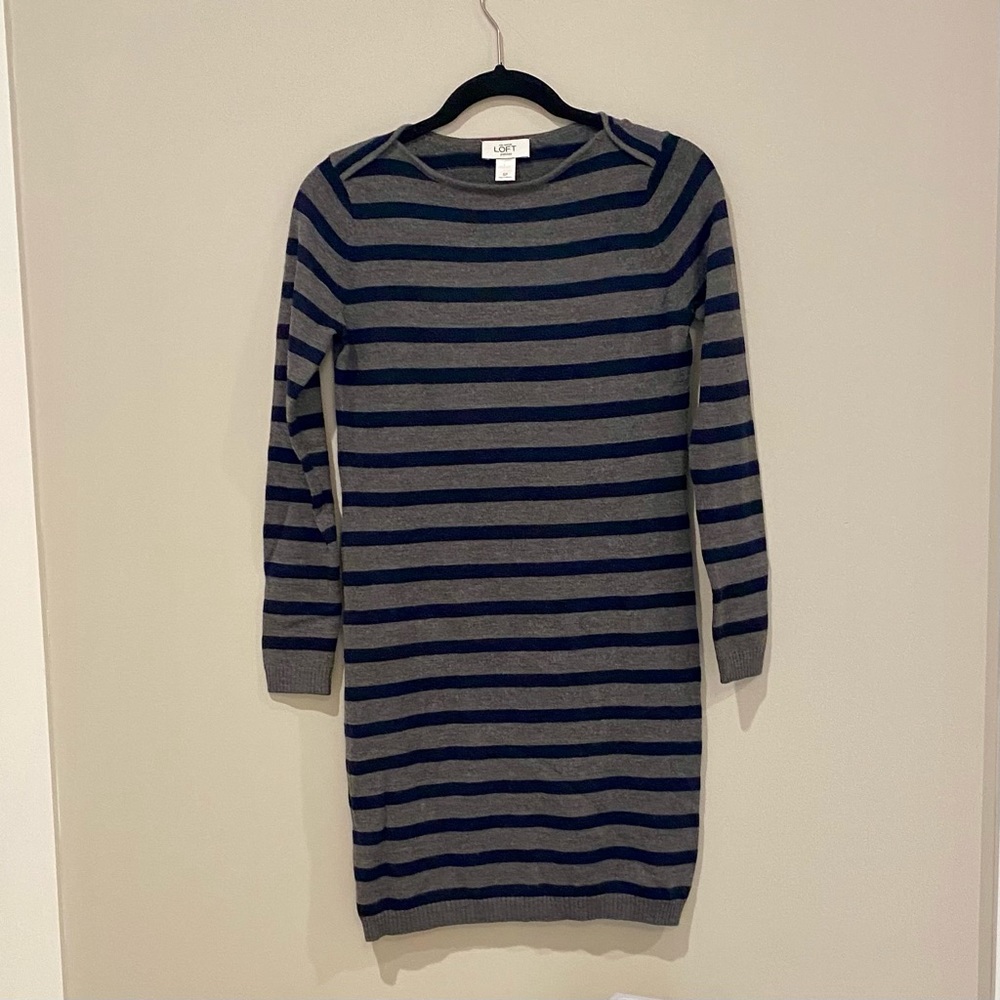 Loft Wool Dress Gray and Navy stripe like new SP